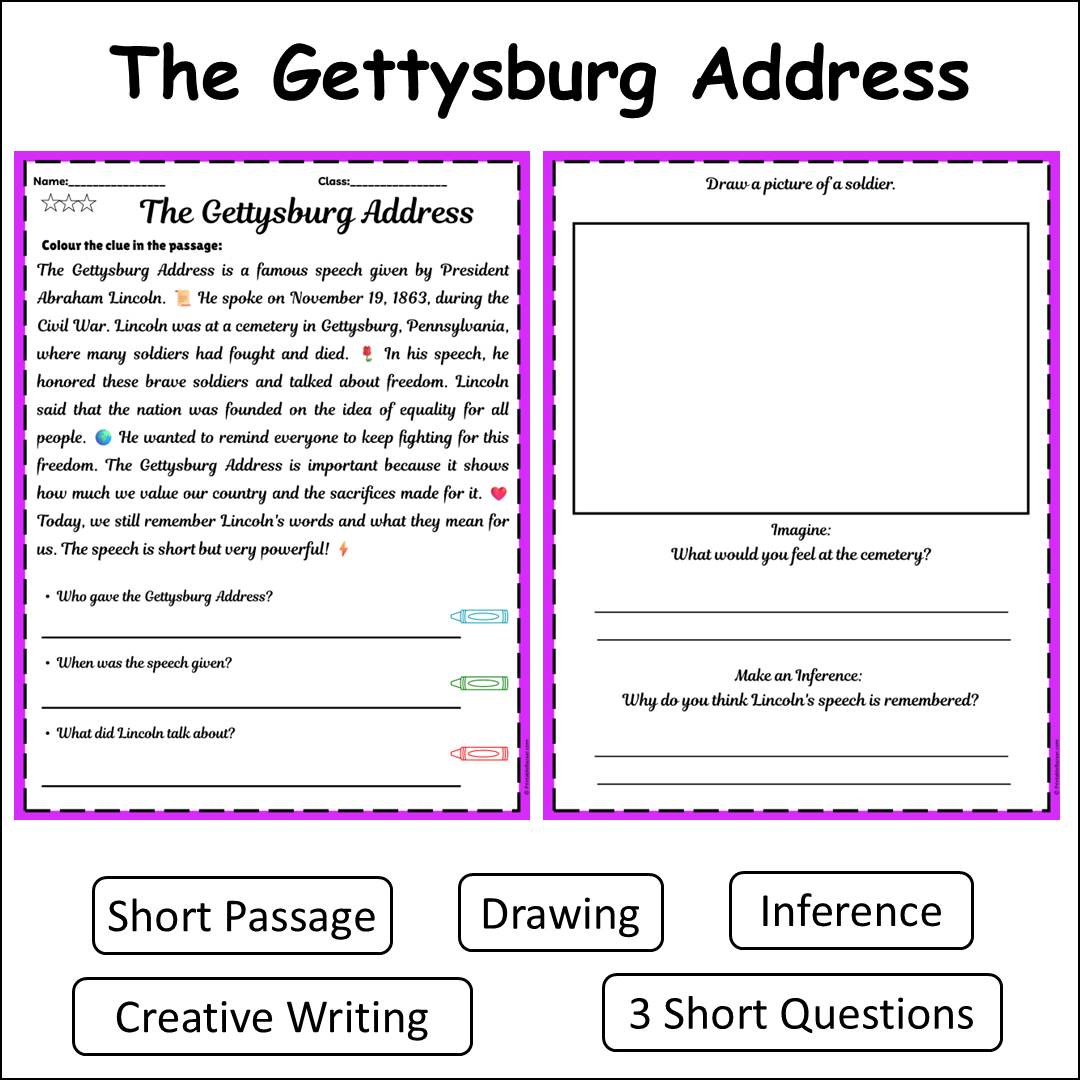 The Gettysburg Address | Short Reading Comprehension Creative Worksheet