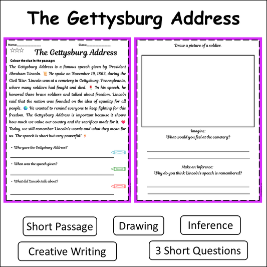 The Gettysburg Address | Short Reading Comprehension Creative Worksheet