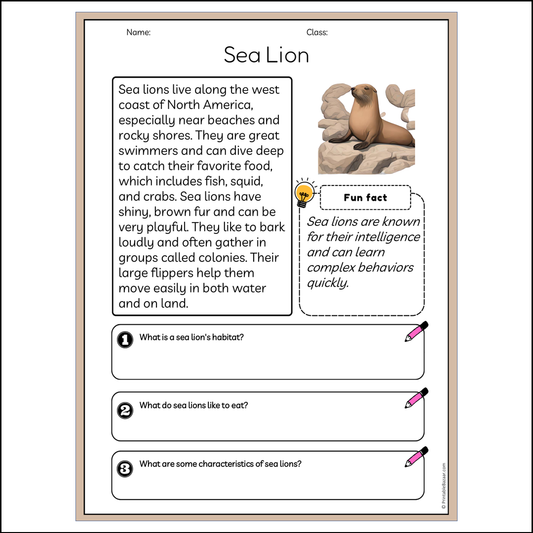 Sea Lion | Reading Passage Comprehension Questions Writing Facts Worksheet