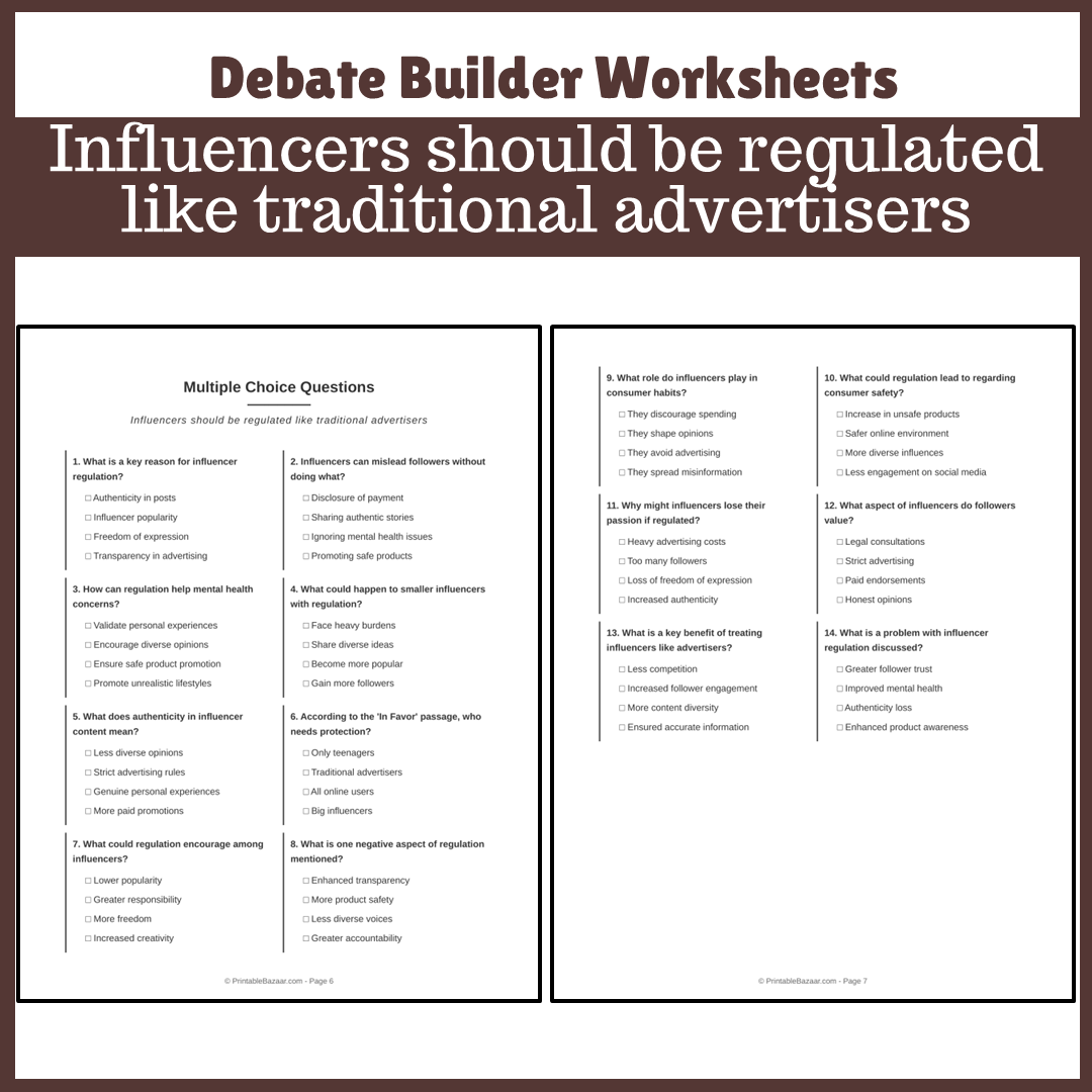 Influencers should be regulated like traditional advertisers | Favour and Against Worksheet Printable Activity