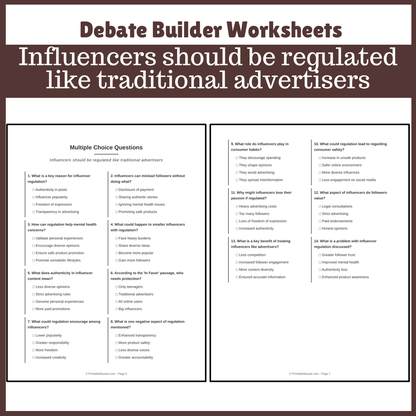 Influencers should be regulated like traditional advertisers | Favour and Against Worksheet Printable Activity