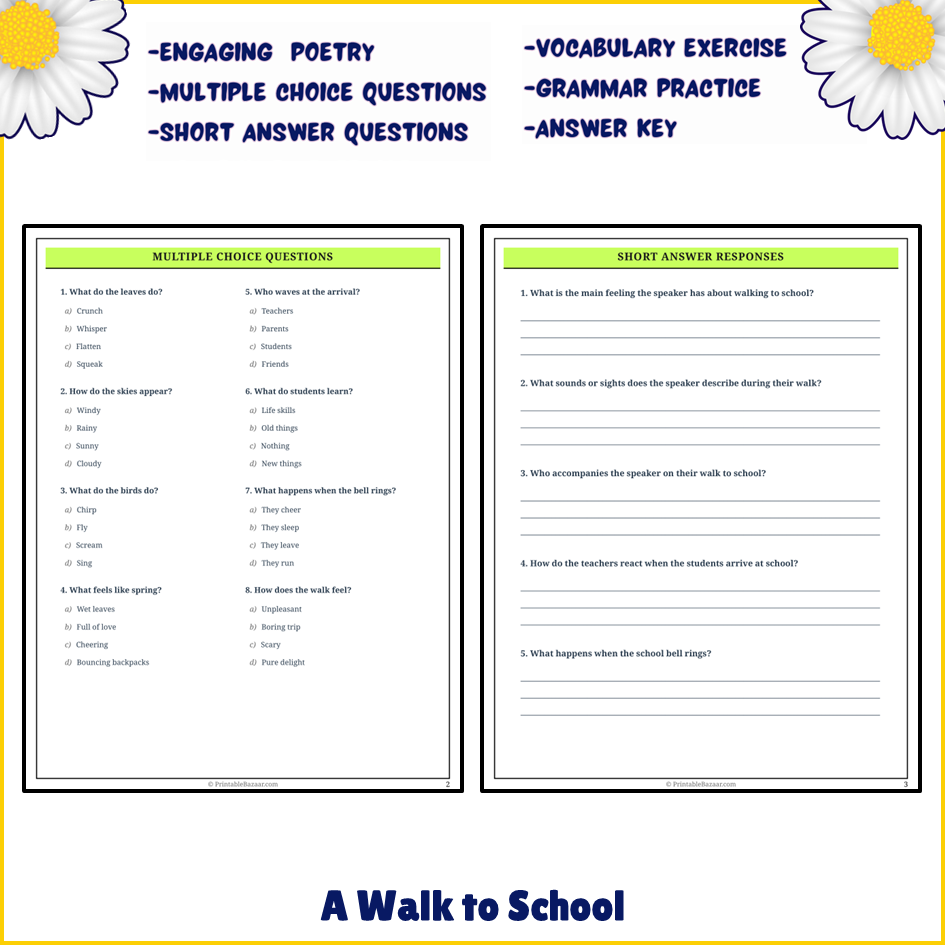 A Walk to School | Poem Grammar Worksheet Printable Activity