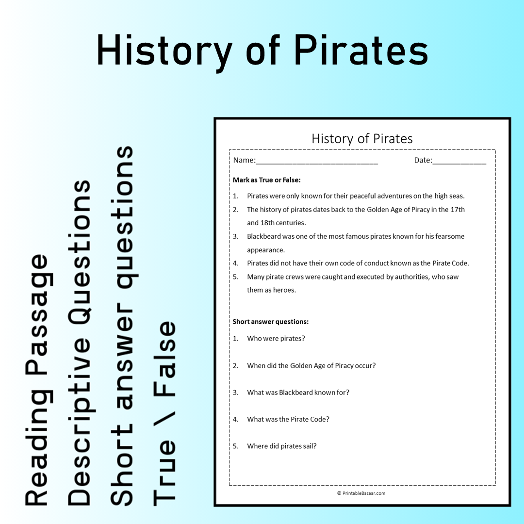 History of Pirates | Reading Comprehension Passage Printable Worksheet