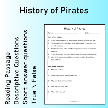 History of Pirates | Reading Comprehension Passage Printable Worksheet