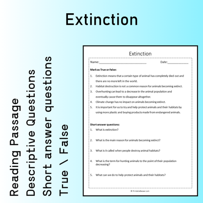 Extinction | Reading Comprehension Passage Printable Worksheet