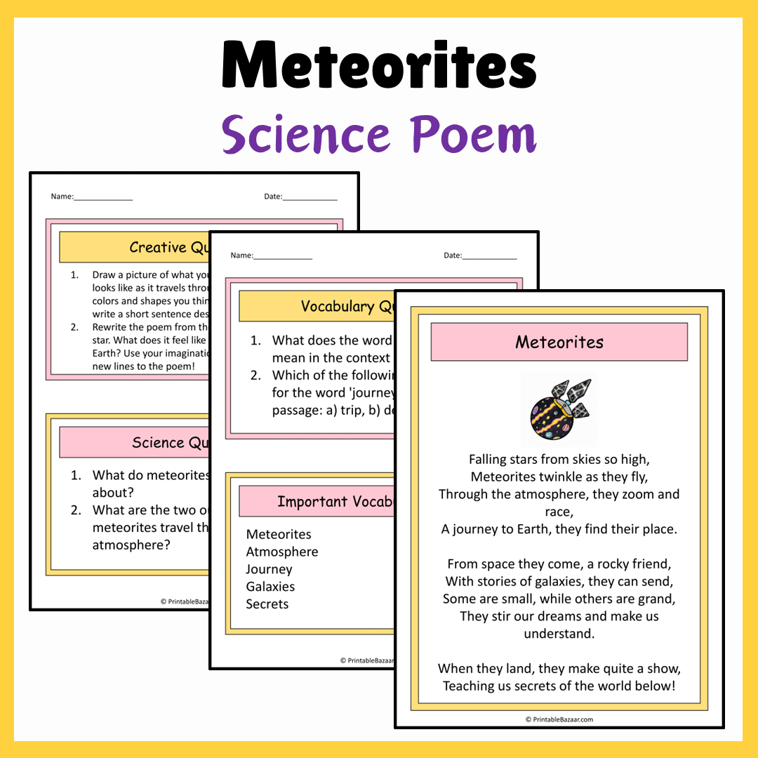 Meteorites | Science Poem Reading Comprehension Activity