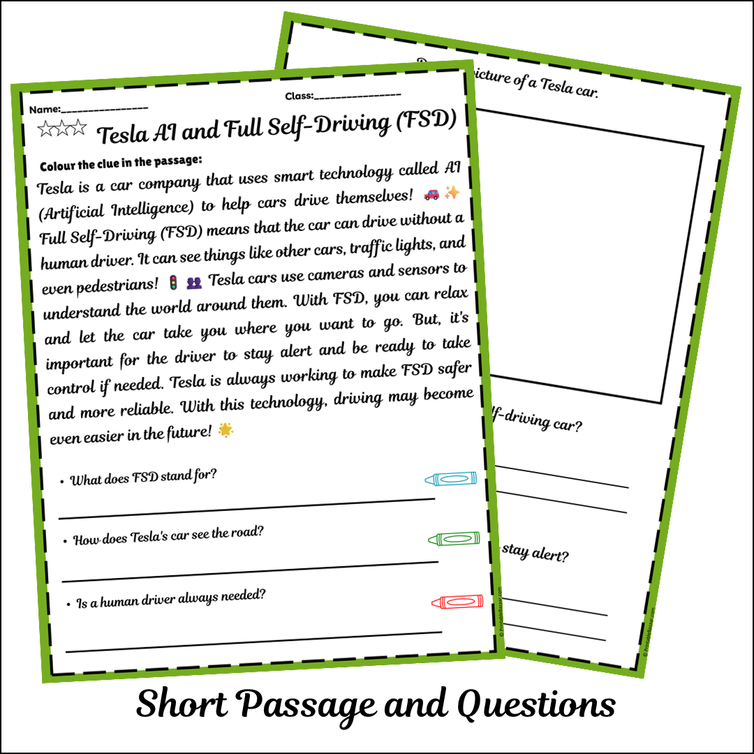 Tesla AI and Full Self-Driving (FSD) | Short Reading Comprehension Creative Worksheet