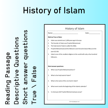History of Islam | Reading Comprehension Passage Printable Worksheet