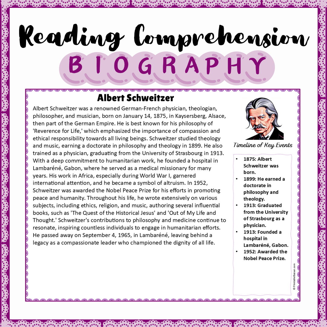 Albert Schweitzer | Biography Reading Comprehension and Questions Worksheet