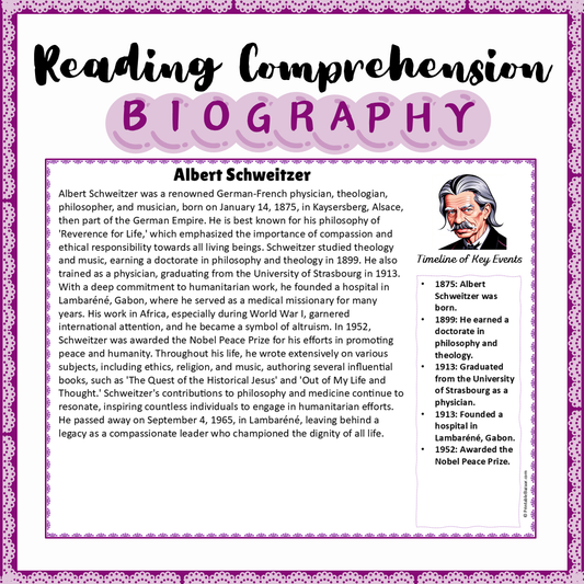 Albert Schweitzer | Biography Reading Comprehension and Questions Worksheet