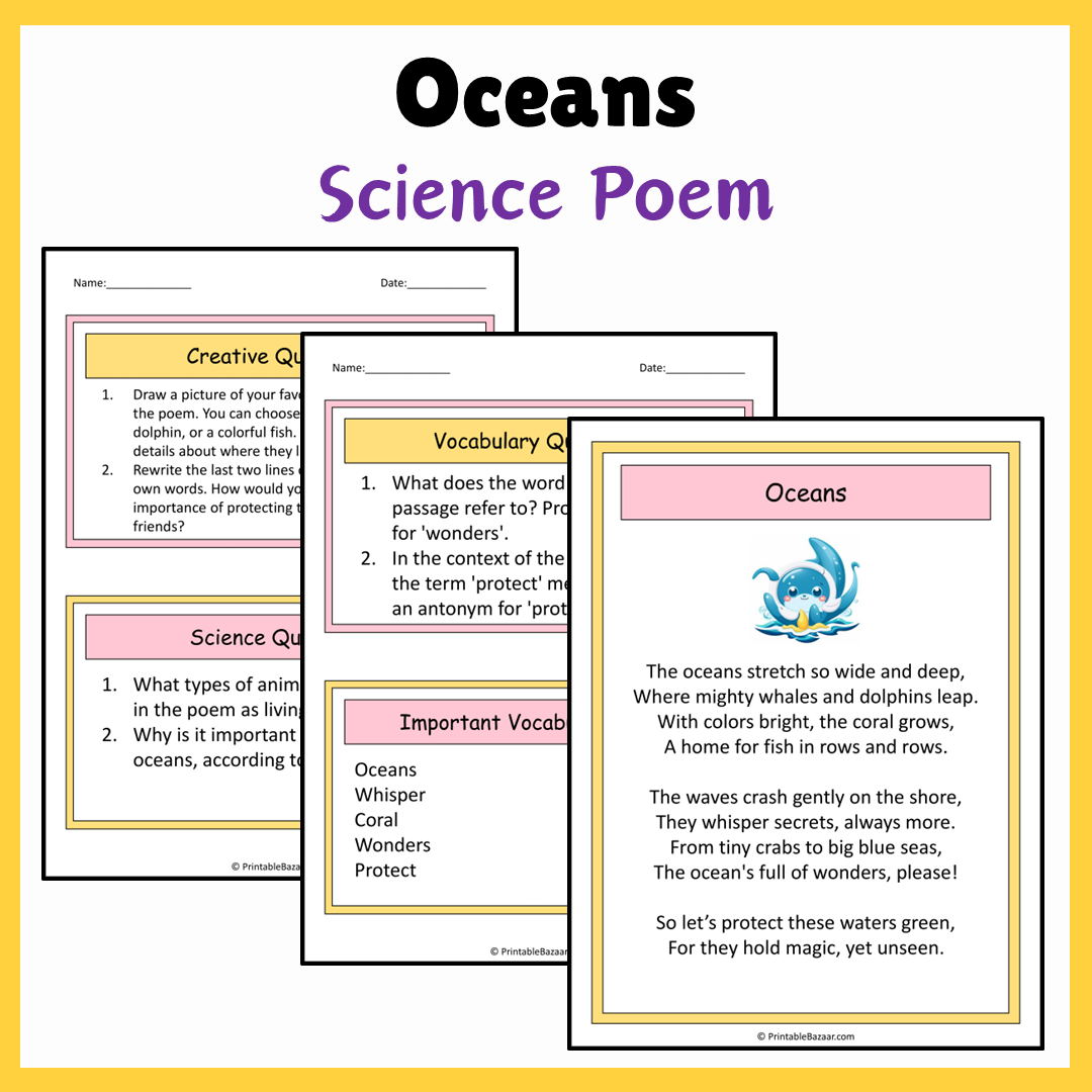 Oceans | Science Poem Reading Comprehension Activity