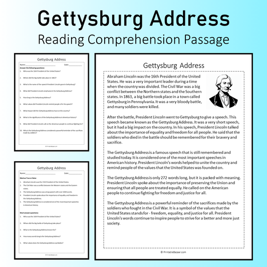 Gettysburg Address | Reading Comprehension Passage Printable Worksheet