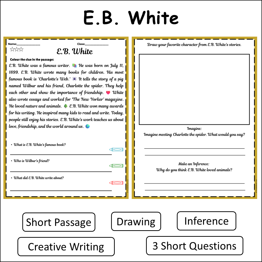 E.B. White | Short Reading Comprehension Creative Worksheet