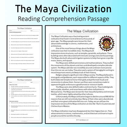 The Maya Civilization | Reading Comprehension Passage Printable Worksheet