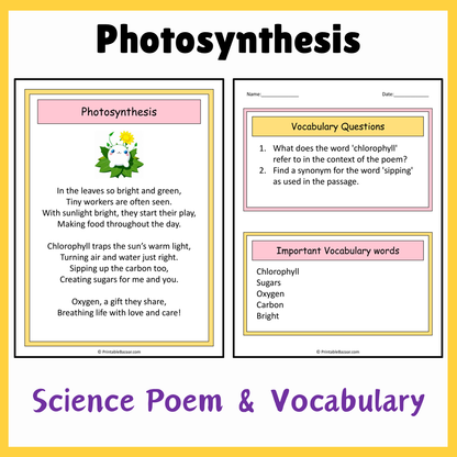 Photosynthesis | Science Poem Reading Comprehension Activity