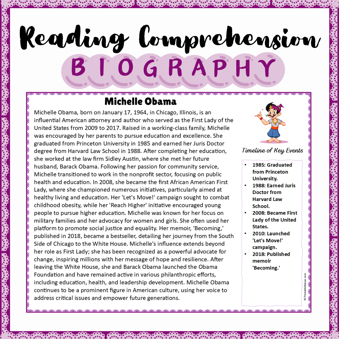Michelle Obama | Biography Reading Comprehension and Questions Worksheet