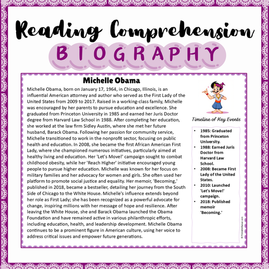 Michelle Obama | Biography Reading Comprehension and Questions Worksheet