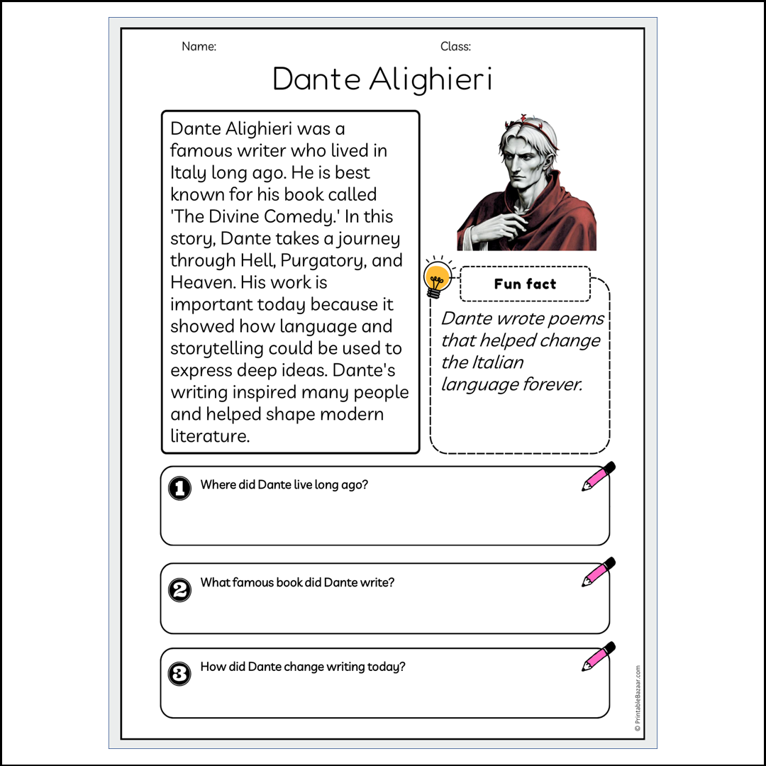 Dante Alighieri | Reading Passage Comprehension Questions Writing Facts Worksheet