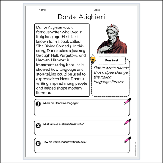 Dante Alighieri | Reading Passage Comprehension Questions Writing Facts Worksheet