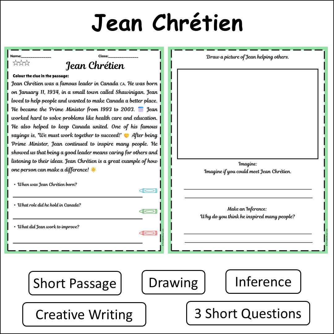Jean Chrétien | Short Reading Comprehension Creative Worksheet
