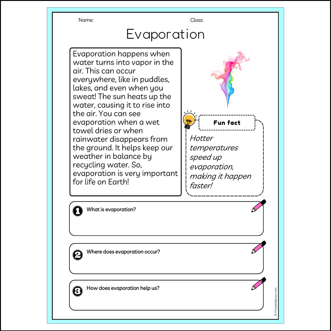 Evaporation | Reading Passage Comprehension Questions Writing Facts Worksheet