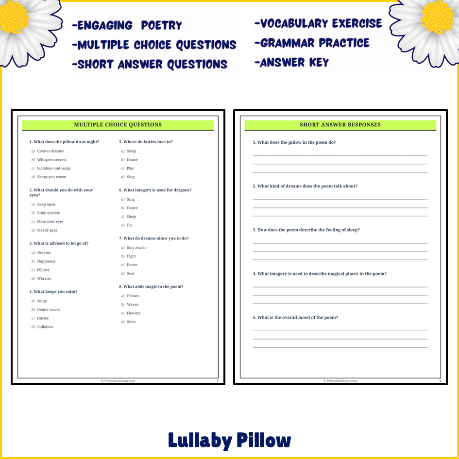 Lullaby Pillow | Poem Grammar Worksheet Printable Activity