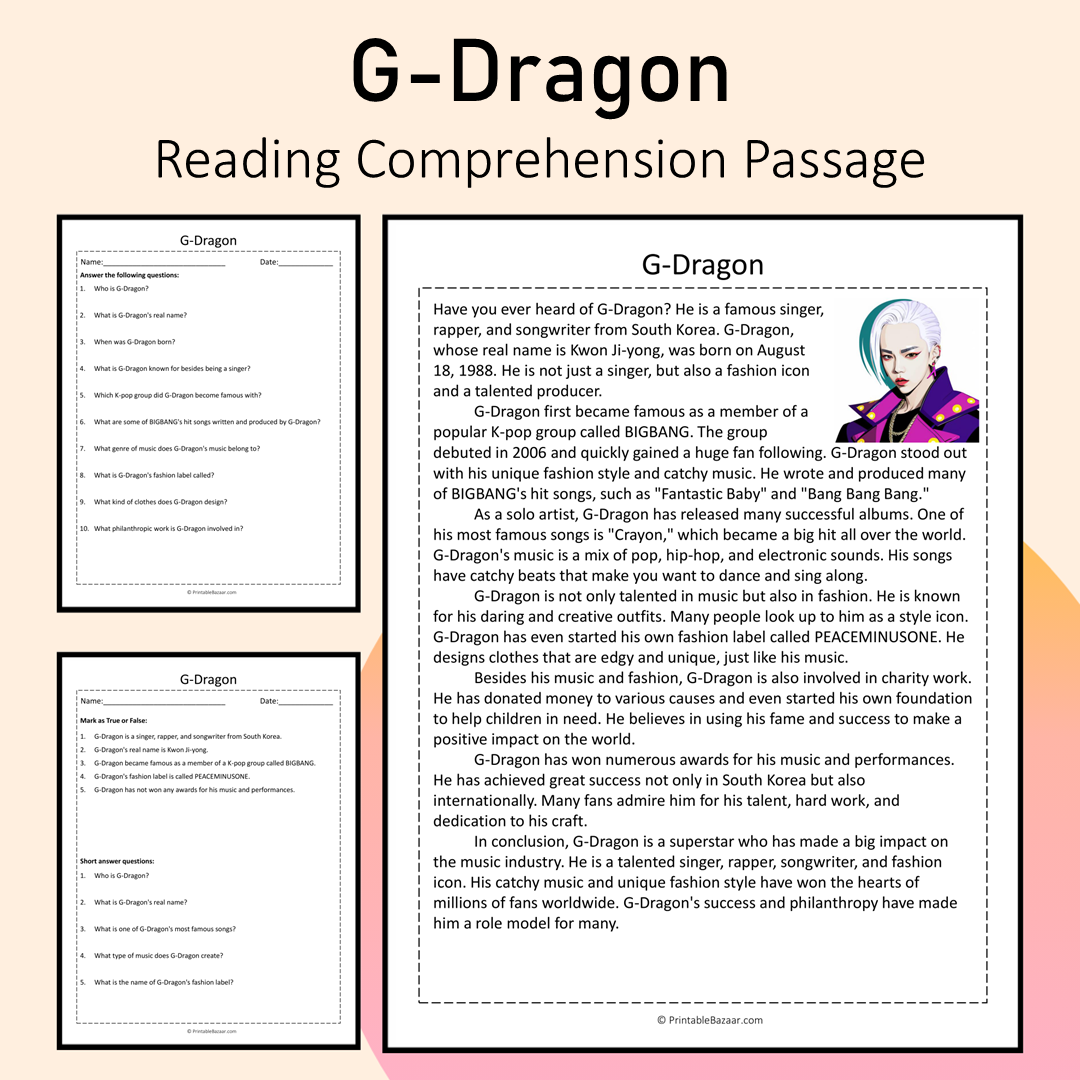 G-Dragon | Reading Comprehension Passage Printable Activity