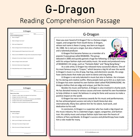 G-Dragon | Reading Comprehension Passage Printable Activity