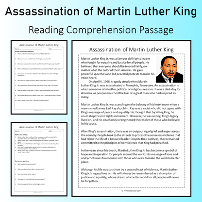 Assassination of Martin Luther King | Reading Comprehension Passage Printable Worksheet