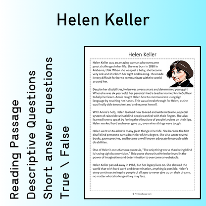 Helen Keller | Reading Comprehension Passage Printable Worksheet