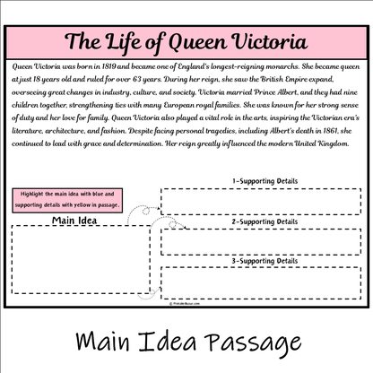 The Life of Queen Victoria | Main Idea and Supporting Details Reading Passage and Questions