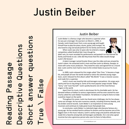 Justin Beiber | Reading Comprehension Passage Printable Activity