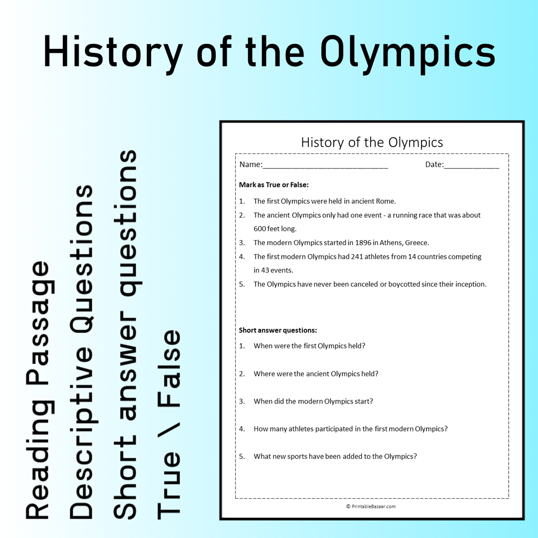 History of the Olympics | Reading Comprehension Passage Printable Worksheet
