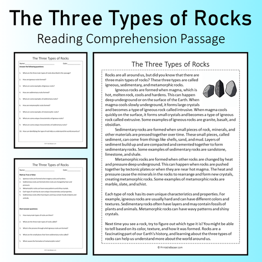 The Three Types of Rocks | Reading Comprehension Passage Printable Worksheet