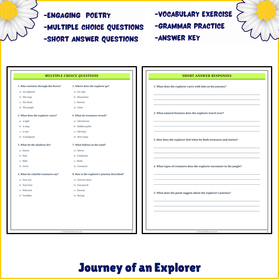 Journey of an Explorer | Poem Grammar Worksheet Printable Activity