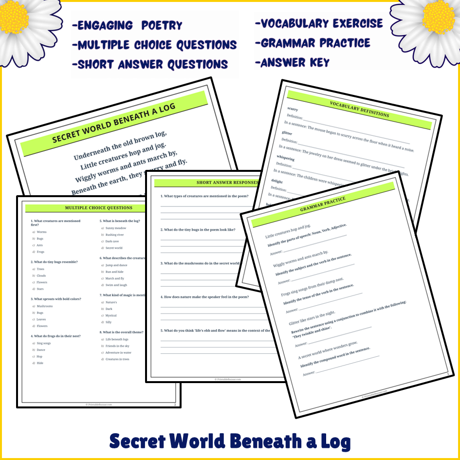 Secret World Beneath a Log | Poem Grammar Worksheet Printable Activity