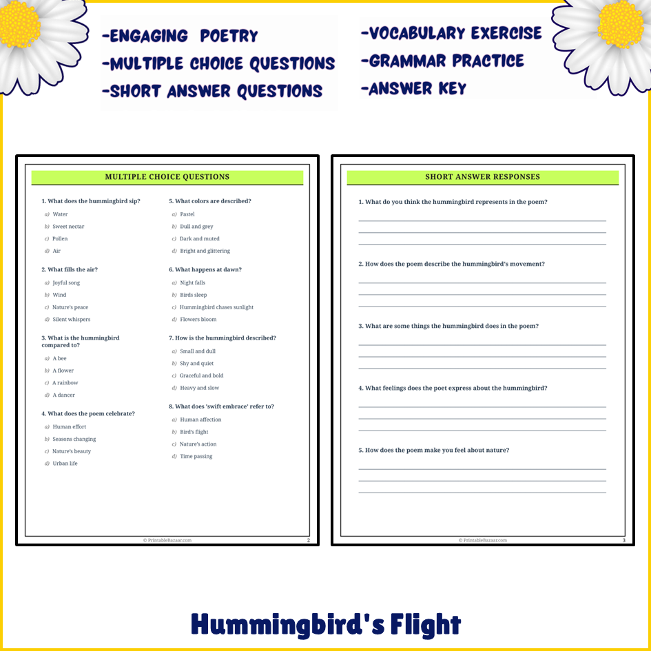 Hummingbird's Flight | Poem Grammar Worksheet Printable Activity