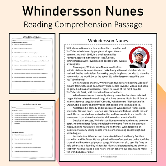 Whindersson Nunes | Reading Comprehension Passage Printable Activity