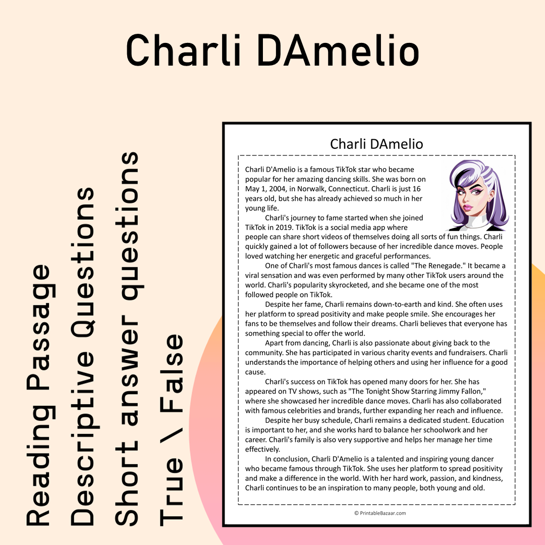Charli DAmelio | Reading Comprehension Passage Printable Activity