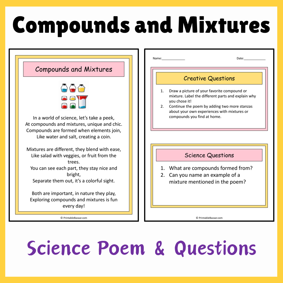 Compounds and Mixtures | Science Poem Reading Comprehension Activity