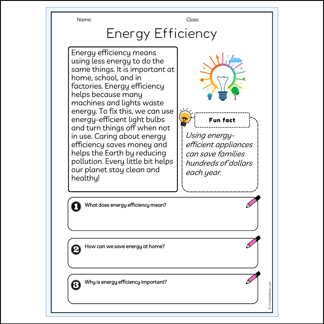 Energy Efficiency | Reading Passage Comprehension Questions Writing Facts Worksheet