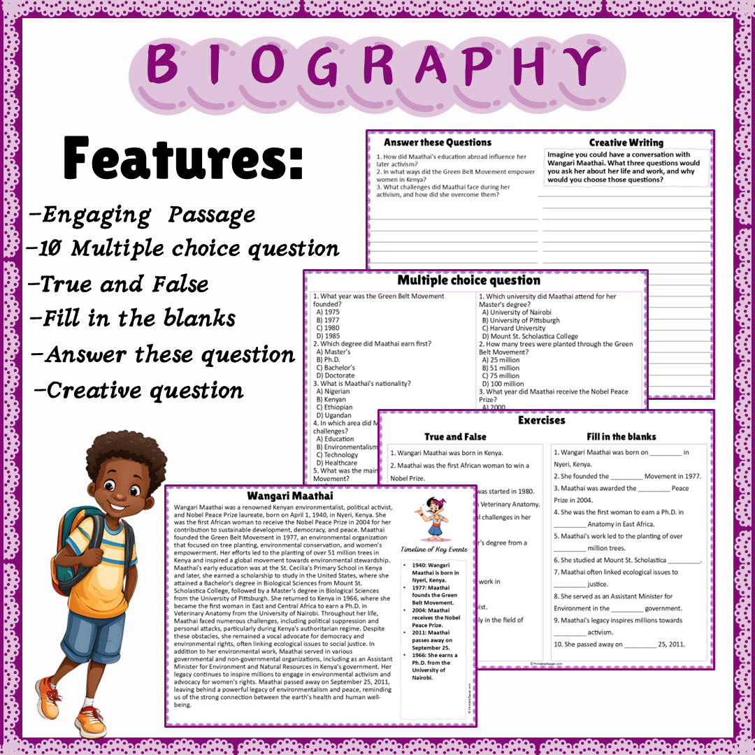 Wangari Maathai | Biography Reading Comprehension and Questions Worksheet