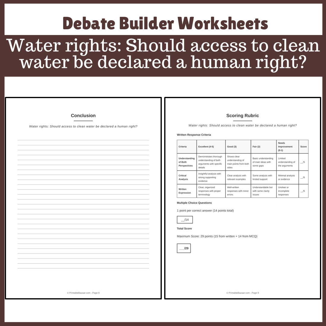 Water rights: Should access to clean water be declared a human right? | Favour and Against Worksheet Printable Activity