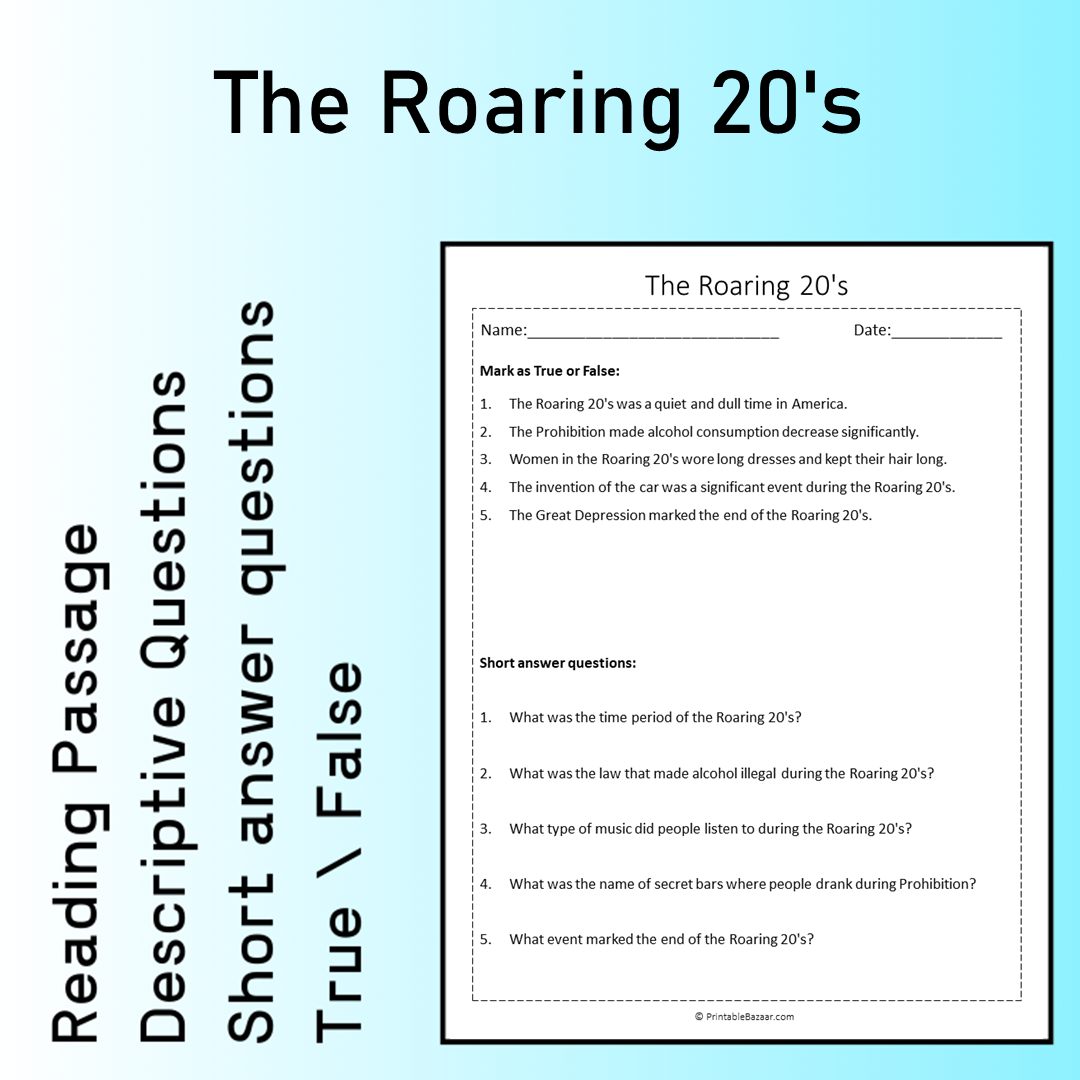 The Roaring 20's | Reading Comprehension Passage Printable Worksheet