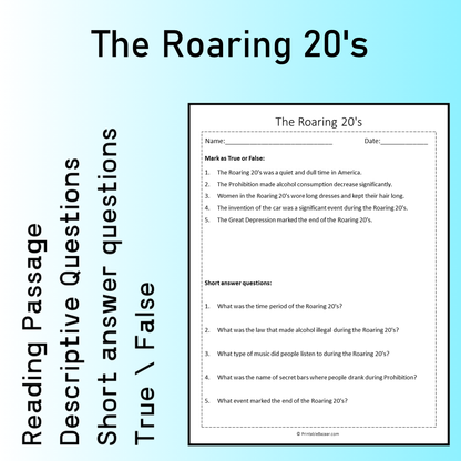 The Roaring 20's | Reading Comprehension Passage Printable Worksheet