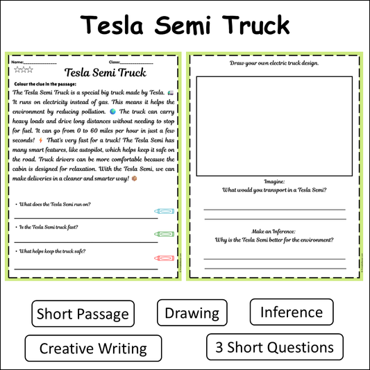 Tesla Semi Truck | Short Reading Comprehension Creative Worksheet