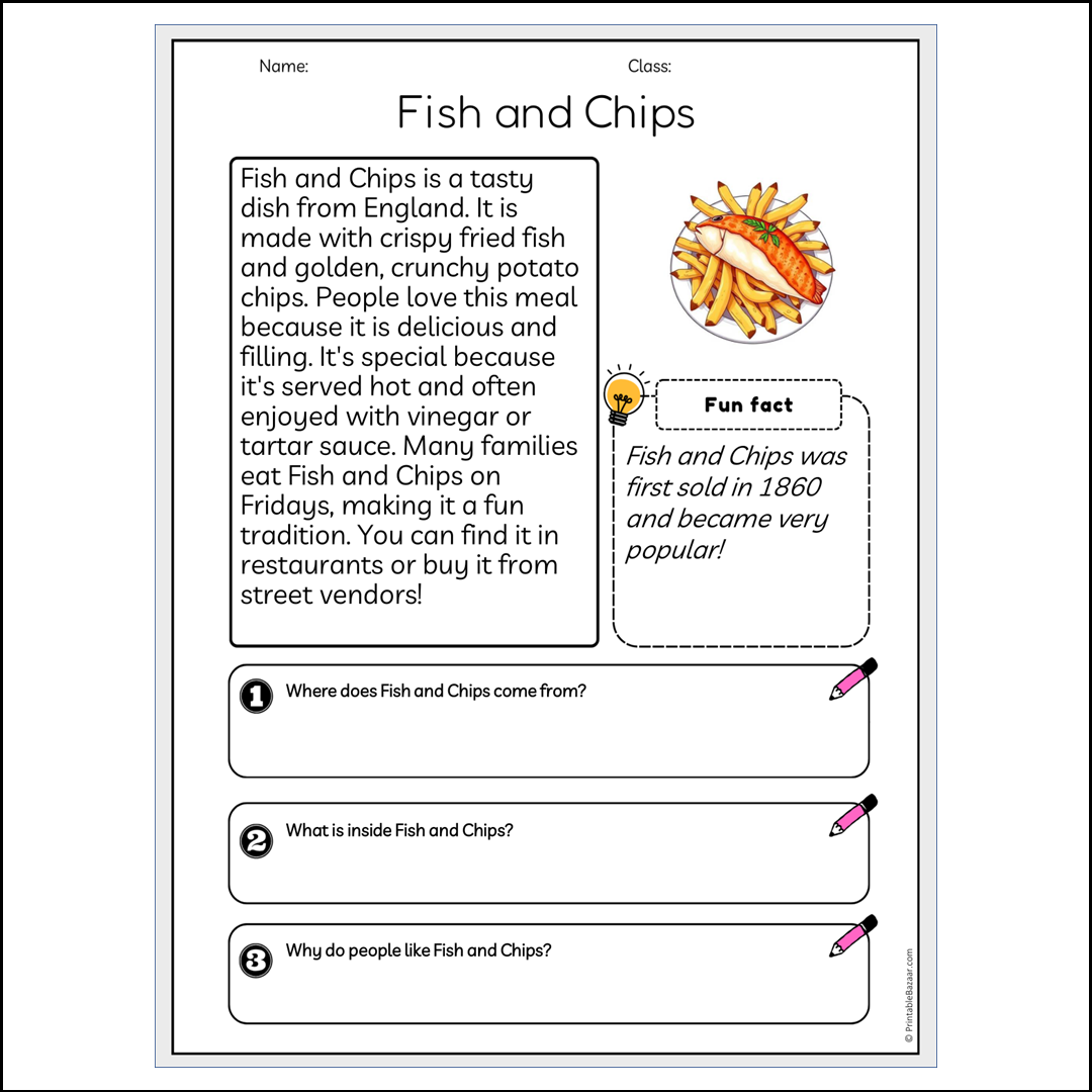 Fish and Chips | Reading Passage Comprehension Questions Writing Facts Worksheet