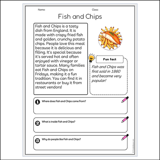 Fish and Chips | Reading Passage Comprehension Questions Writing Facts Worksheet