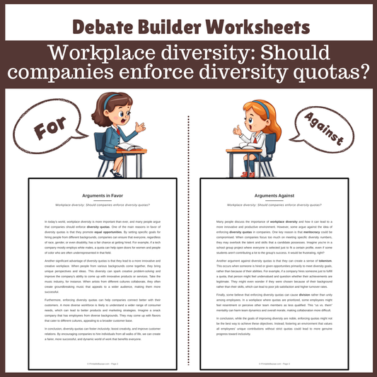 Workplace diversity: Should companies enforce diversity quotas? | Favour and Against Worksheet Printable Activity