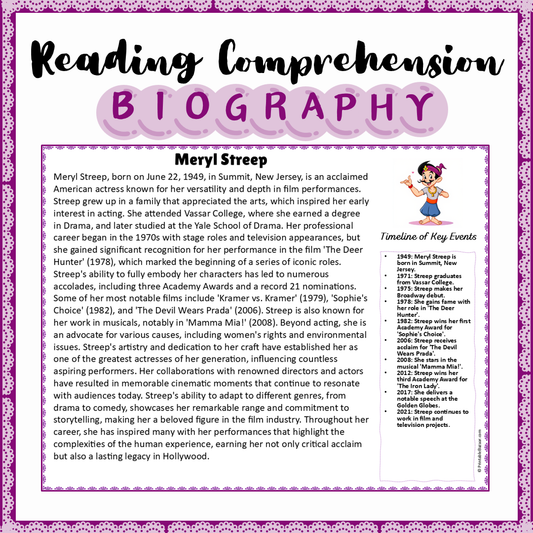 Meryl Streep | Biography Reading Comprehension and Questions Worksheet